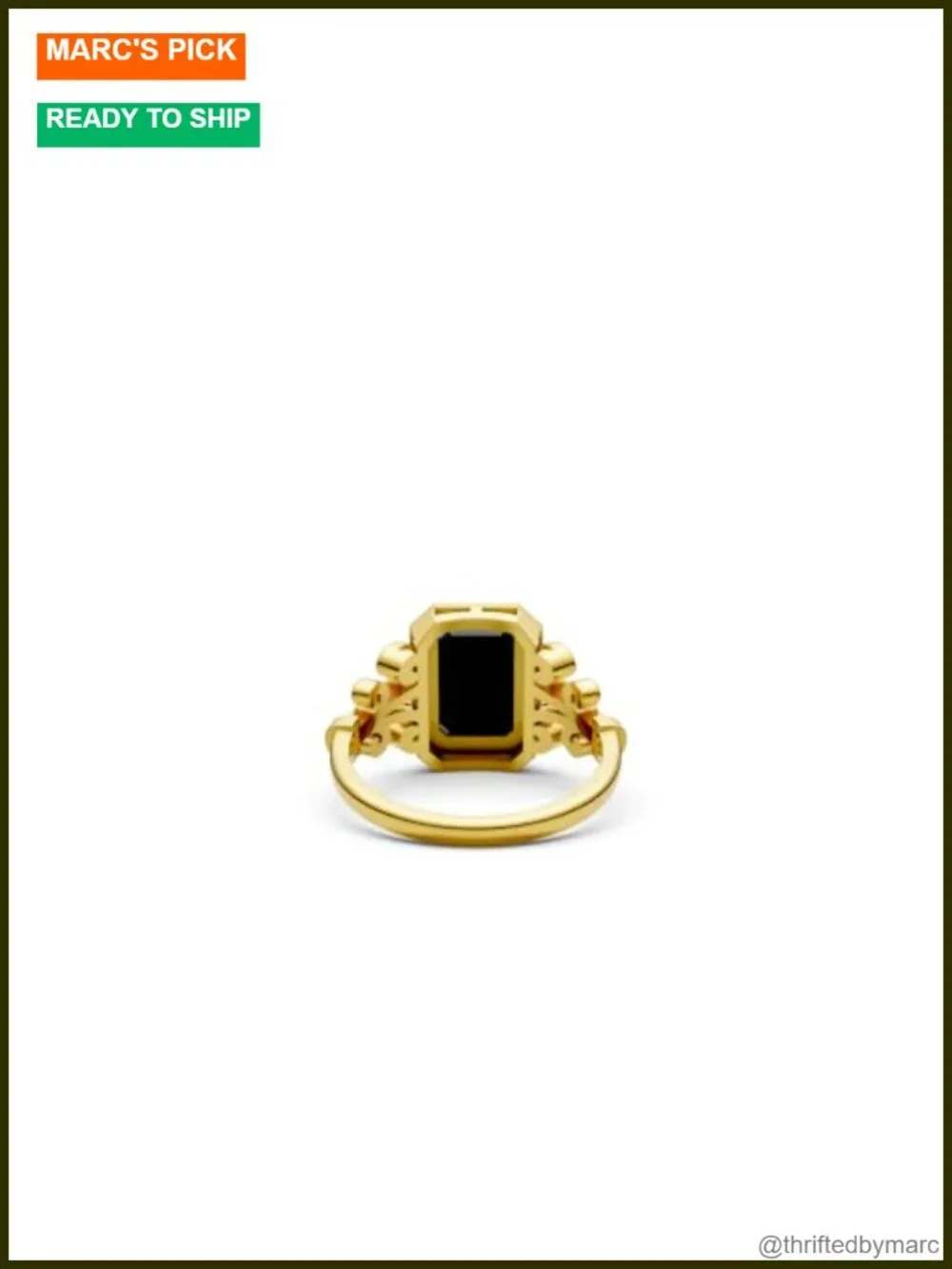 Art Deco Black Onyx 925 Sterling Silver Statement Ring for Women Yellow Gold